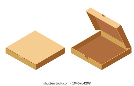 Pizza abierta isométrica, caja de cartón cerrada puesta, entrega. Plantilla de paquete, diseño plano. Vector