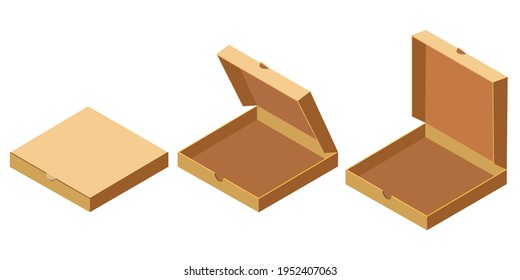 Pizza isometric open, closed cardboard boxes set, delivery. Package template, flat design. Vector