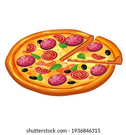 Pizza isométrica con rodajas e ingredientes tomate, salami, queso, setas. Ilustración del vector
