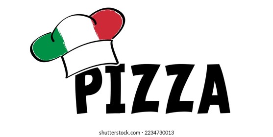 Pizza is a Italian dish Cartoon chef cap symbol and Italy flag. Chef hat or cap. Kitchen cook or cooking hat. Vector Italia menu logo or icon. School, work cuisine bakery. Baker symbol. Fast food icon