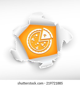 Pizza. Italian food and breakthrough paper hole with ragged edges 
