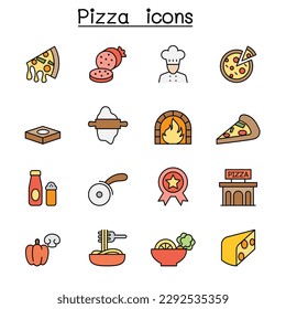 Pizza  Italian food color line icon set