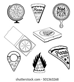 Pizza. Italian Food. Food delivery. The Pizza Restaurant. Set of Labels and Badges. Map point, Slice of Pizza, Pizza Delivery Box. Vector Illustration