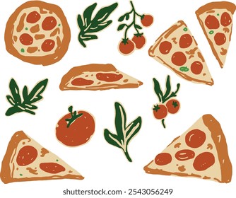 Pizza Italian Food Tomatoes Cute Kitchen Doodle Vector Set Illustration