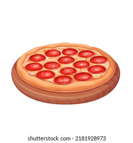 Pizza, Italian food vector illustration. Cartoon isolated wooden board with one whole round pizza, tomatoes, mozzarella cheese and pepperoni circles on top of baked dough, fastfood from Italy