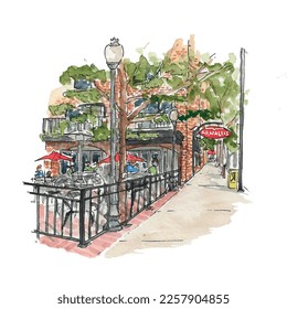 Pizza Italian outdoor dining restaurant, urban sketch, travel, watercolor vector, street scene.