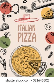 pizza Italian with raw material food design menu brochure advertise drawing style template , vintage color background vector illustration