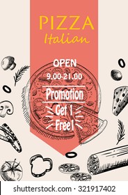 pizza Italian with raw material food design menu brochure advertise drawing style template , vintage color background vector illustration