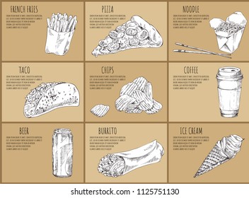 Pizza Italian recipe, french fries and Asian noodle. Mexican burrito and taco, ice cream dessert, chips monochrome sketches set vector illustration