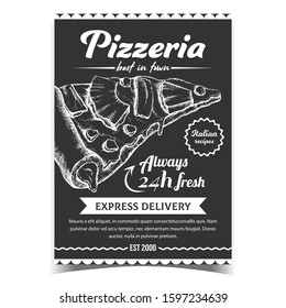 Pizza Italian Recipes Restaurant Banner Vector. Cooked Slice Cheese Pizza With Pineapple And Corn Maize, Express Delivery Concept. Hand Drawn In Vintage Style Cafe Food Monochrome Illustration