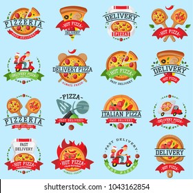 Pizza italian restaurant vector logo badge icons set illustration. Food and drink pizzeria elements typographic design label or sticker bakery. Cooking menu symbol with traditional pizza Ingredients