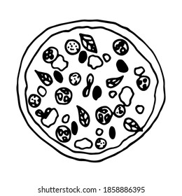 Pizza italian traditional food. Hand drawn sketch style. Vector illustration isolated on white background for restaurant menu and package design, poster, web.