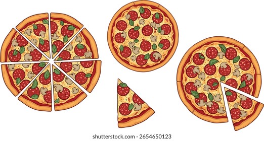 pizza, italian, vector, traditional, slice, whole, mozzarella, tomatoes, pepperoni, basil, food, salami, flat, isolated, pizzeria, design, sauce, italy, illustration, cheese, lunch, set, delicious, pe