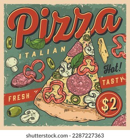 Pizza Italian vintage flyer colorful slice of food from fast nutrition restaurant for advertising on facade of pizzeria vector illustration