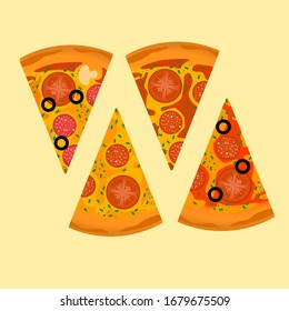 Pizza. Juicy slice of pizza, with sausage, tomatoes, mushrooms, and parsley, isolated on yellow background.