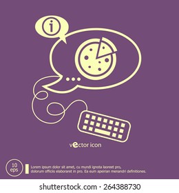 Pizza and keyboard design elements. Line icons for application development, web page coding and programming, creative process