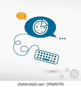 Pizza and keyboard on chat speech bubbles. Line icons for application and creative process.