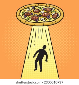 Pizza kidnaps human pinup pop art retro vector illustration. Comic book style imitation.