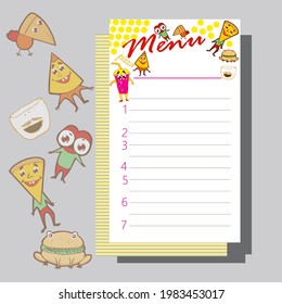 pizza kids menu with funny food elements, rolls, drinks, coffee, burger