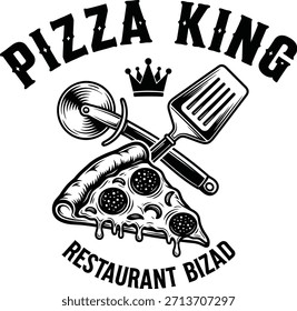 Tipografía del rey de la pizza con la rebanada y el cortador para el logotipo de la comida rápida, insignia italiana sabrosa de la comida, emblema delicioso del almuerzo y aislado en la ilustración gráfica transparente del restaurante