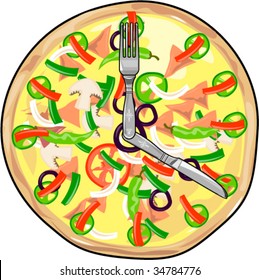 Pizza with knife and fork like a clock