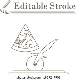 Pizza With Knife Icon. Editable Stroke Simple Design. Vector Illustration.