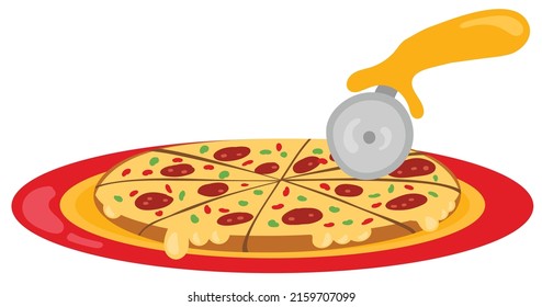 Pizza knife with pizza on plate. Hand drawn vector illustration. Suitable for website, stickers, gift cards.