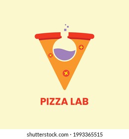 Pizza Lab Logo Concept. Pizza and Florence Flask. Food Logotype. Red, Orange and Purple. Logo, Icon, Symbol and Sign
