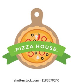 
Pizza label or badge icon with green ribbon 
