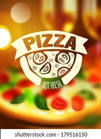 Pizza label on blurred background