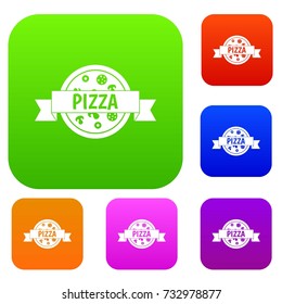 Pizza label with ribbon set icon color in flat style isolated on white. Collection sings vector illustration