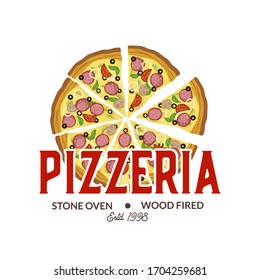 Pizza label. Pizza slice. Sign. Elements for restaurant's menu. Vector illustration.
