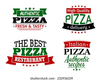 Pizza labels and banners set with authentic, best restaurant, delivery and italian headers