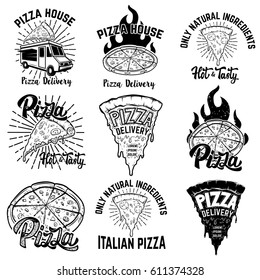 Pizza labels. Design elements for logo, emblem, sign. Vector illustration.