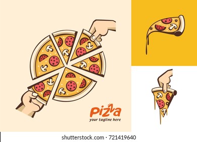 Pizza.  Large Sliced Pizza. A Slice Of Pizza In Hand. Vector Logos In Cartoon Style.