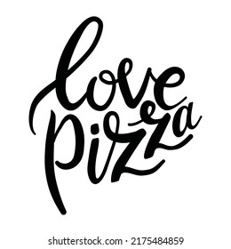 Pizza Lettering. Cute greeting card with colorful calligraphy. Hand-drawn vector illustration in cartoon style