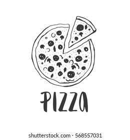 手書きのピザの丸入りピザ インクイラスト 現代の筆跡 白い背景に のベクター画像素材 ロイヤリティフリー