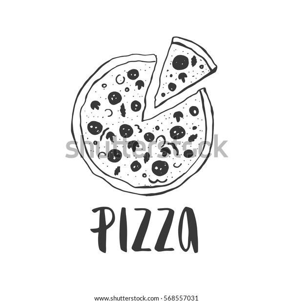 手書きのピザの丸入りピザ インクイラスト 現代の筆跡 白い背景に のベクター画像素材 ロイヤリティフリー
