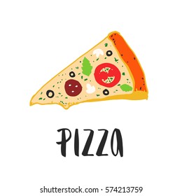 Pizza lettering with hand drawn slice of pizza. Ink illustration. Modern brush calligraphy. Color.