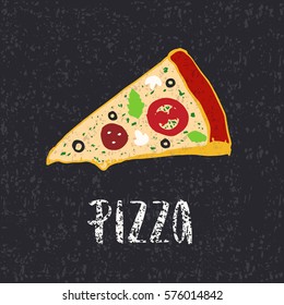 Pizza lettering with hand drawn slice of pizza. Ink illustration. Modern brush calligraphy. Color. Texture.
