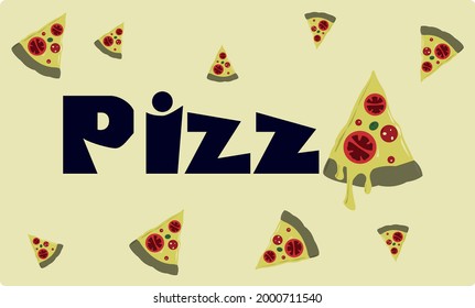 pizza with the letters p i z z and smaller pieces of pizza
