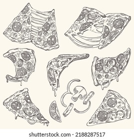 Pizza line banner. Engraved style doodle background. Savoury pizza ads. Tasty vector banner for cafe, restaurant or food delivery service