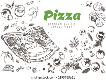 Pizza line banner. Engraved style doodle background. Savoury pizza ads. Tasty vector banner for cafe, restaurant or food delivery service