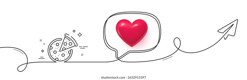 Pizza line icon. Continuous line with share plane. Italian food slice sign. Cheese fast food symbol. 3d heart in speech bubble. Pizza single line ribbon. Loop curve pattern. Vector