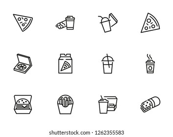 Pizza line icon set. Set of line icons on white background. Fast food concept. Pizza slice, coffee, cocktail. Vector illustration can be used for topics like eating, food, snack 