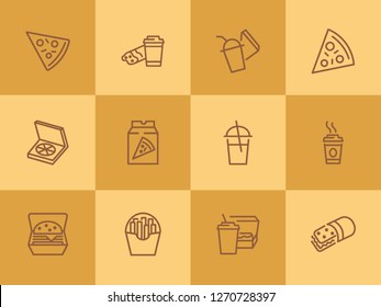 Pizza line icon set. Set of line icons on white background. Fast food concept. Pizza slice, coffee, cocktail. Vector illustration can be used for topics like eating, food, snack 