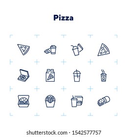 Pizza line icon set. Set of line icons on white background. Fast food concept. Pizza slice, coffee, cocktail. Vector illustration can be used for topics like eating, food, snack