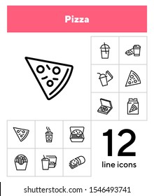 Pizza line icon set. Set of line icons on white background. Fast food concept. Pizza slice, coffee, cocktail. Vector illustration can be used for topics like eating, food, snack