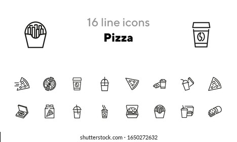 Pizza line icon set. Set of line icons on white background. Fast food concept. Pizza slice, coffee, cocktail. Vector illustration can be used for topics like eating, food, snack