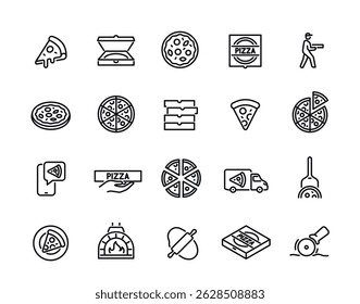 Pizza line icons set. Simple symbols with pizza slice, italian food box, courier, knife and oven. Editable stroke. Design for cafe menu. Outline vector illustration collection isolated on background